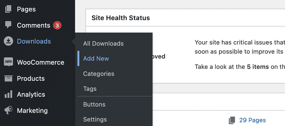 The Downloads > Add New link within WordPress.