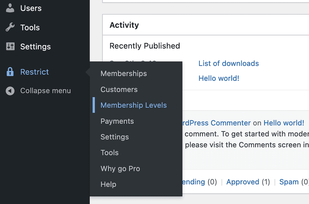 The Restrict > Membership Levels link within WordPress.
