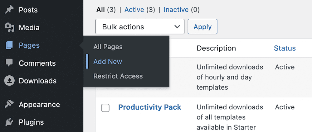The Pages > Add New link within WordPress.