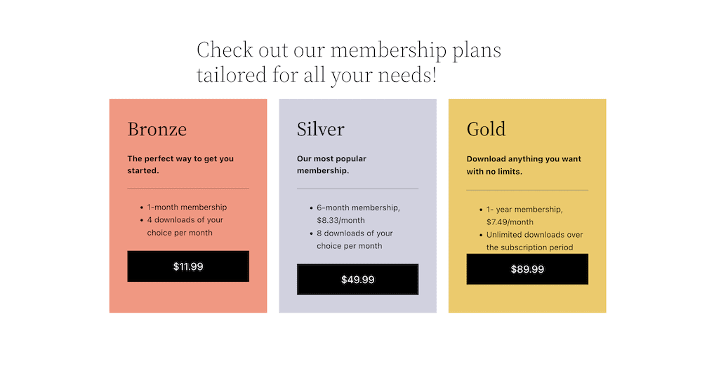 Adjusting a pricing table to reflect subscription tiers.